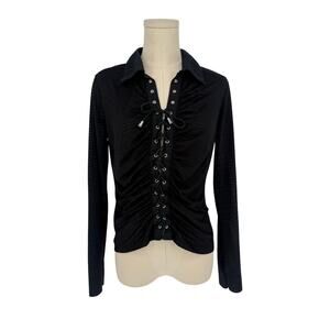 1990s Vintage Rampage Black Lace Front Long Sleeve Collared Shirt, Size L